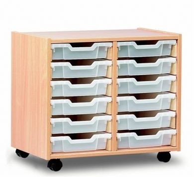 Classroom storage unit with 12 shallow plastic trays in clear. On castors