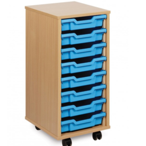 storage for 8 plastic shallow classroom trays on castors