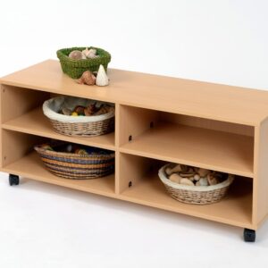 wooden single sided low book case for use with play pod den. One middle shelf and divider making four compartments