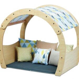 Wooden Cosy Cove kids' den arched in shape with cushions, floor mat and fabric canopy in the meadow design colours