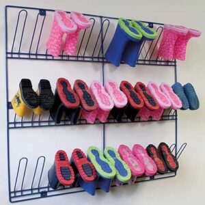 wall mounted blue metal welly rack for 18 pairs of children's wellies