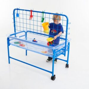 Water Play Activity Rack metal mesh frame with hooks for toy storage over a water play table