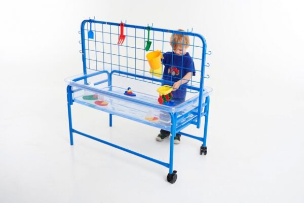 Water Play Activity Rack metal mesh frame with hooks for toy storage over a water play table