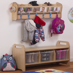 Classroom wall cubby and bench bundle consisting of wooden storage and seating bench with cubbies for shoes and also wooden wall caddy with 6 hangers and storage above