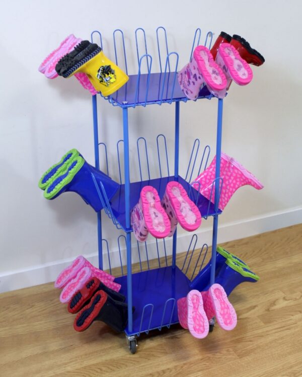 Compact mobile welly rack with 3 tiers each holding 8 pairs of welly's.