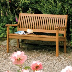 Wooden garden bench with arms and a curved backrest.