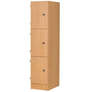 Wooden primary school locker with three doors and three compartments