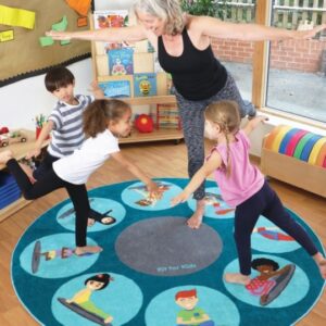 Teacher and children using a Yoga Position Carpet 2m circle