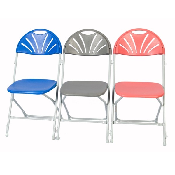 Three Zlite Fan Back Folding Chairs in blue grey and burgundy