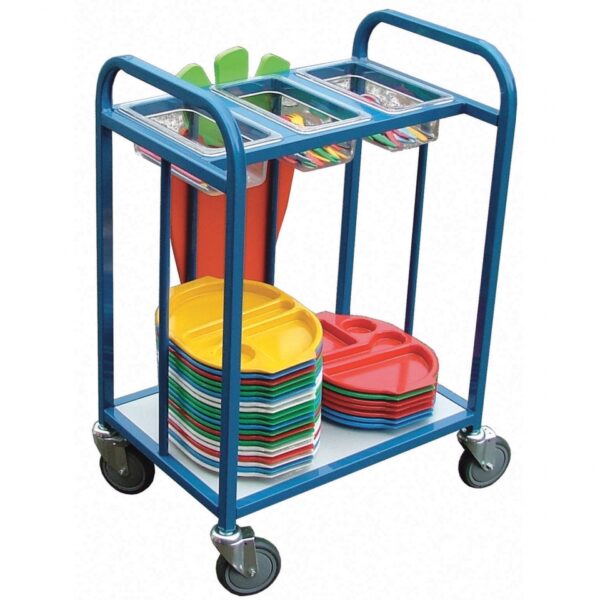 Compact Cutlery Trolley for schools with 3 compartments for cutlery and a shelf below for trays
