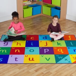 rainbow alphabet carpet with two children