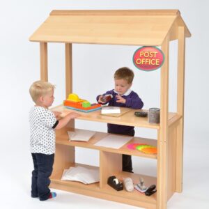 Two children playing at a Room Scenes Play Shop with Canopy and Open Shelving