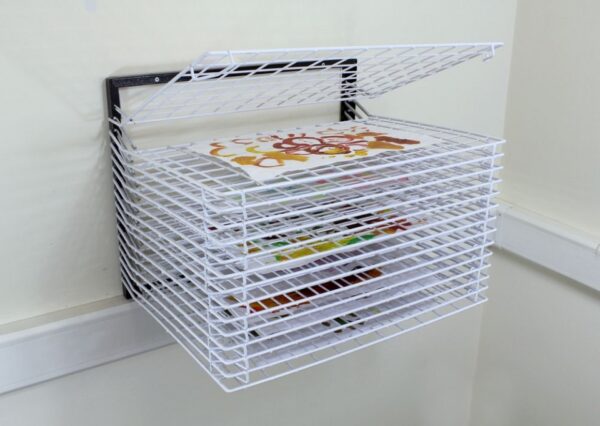 Spring loaded wall mounted art drying rack with 15 shelves