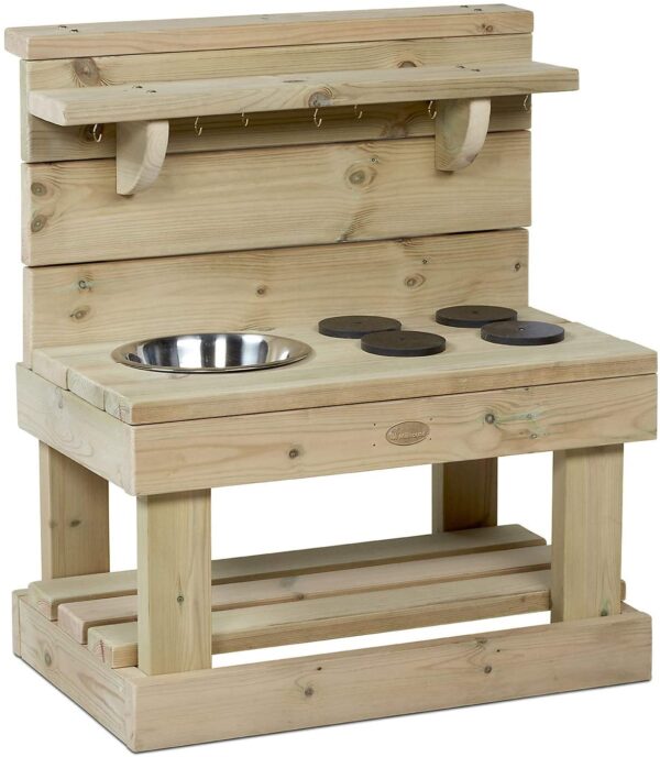 Small mud kitchen with shelf and hooks to store accessories, bowl and pretend hob