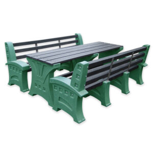 Black and Green recycled plastic picnic table with two long benches