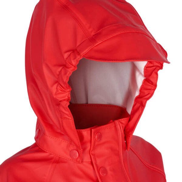 Close up of Spotty Otter Forest Ranger splashsuit children's outdoor clothing hood in red
