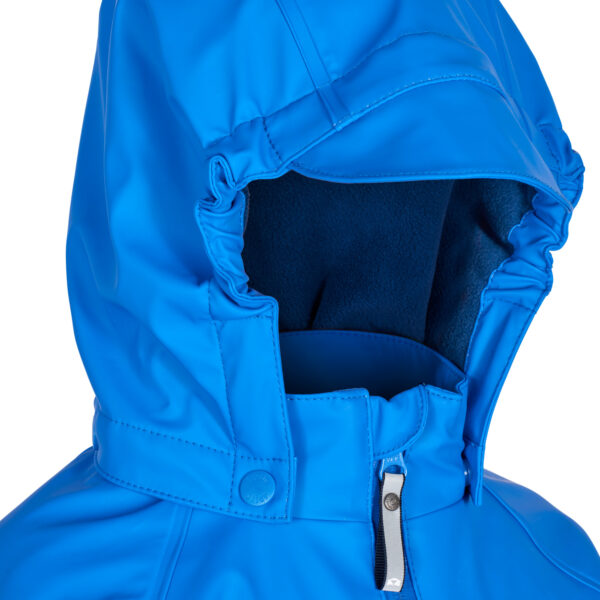 Close of Forest Leader Splashsuit hood blue