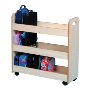 Traditional style school lunchbox trolley in a maple finish with three shelves and castors.