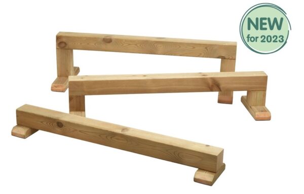 Outdoor Balance Beam set consisting of three wooden balance beams of differing heights