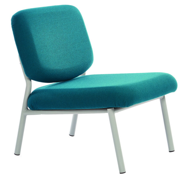 Puffin Chair in aquamarine coloured upholstery and grey frame. Low reception or staffroom chair