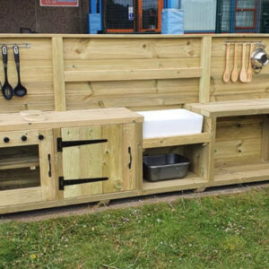 Early Years Large Mud Kitchen made from solid wood with sink, play hob and oven and storage