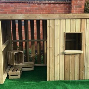 Outdoor Wooden Role Play Shelter with door, window, three crates and portable counter