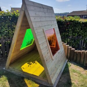 Outdoor Rainbow Den wooden prism den with coloured perspex windows
