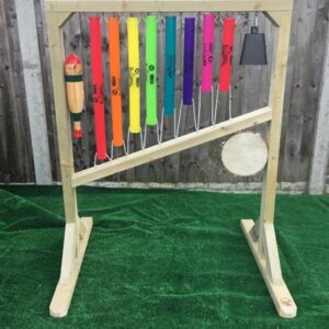 Early Years Outdoor Percussion Stand with various rhythm instruments
