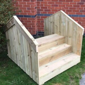 Wooden step bridge for nurseries and primary schools with three steps up and down and solid rails / walls either side
