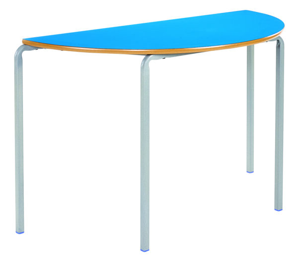 Semi circular classroom table with a crushed and bent square metal frame and legs and blue table top