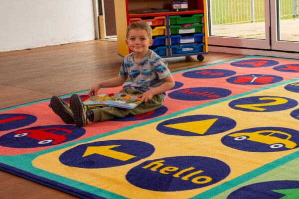 Child sitting on Yes No Maybe rug in classroom
