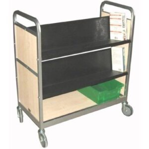Double sided book trolley with 2 shelves either side.