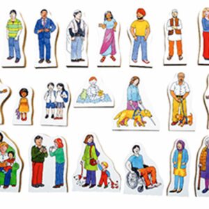 Diverse Community Play Pieces. Set of 20 wooden figures.