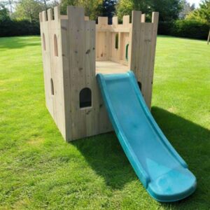 Wooden Castle Clime and slide for young children. Features stairs and slide.