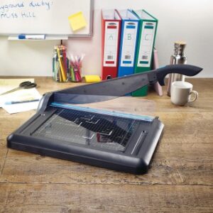 Avery A4 Office Guillotine shown on desk with blade up.